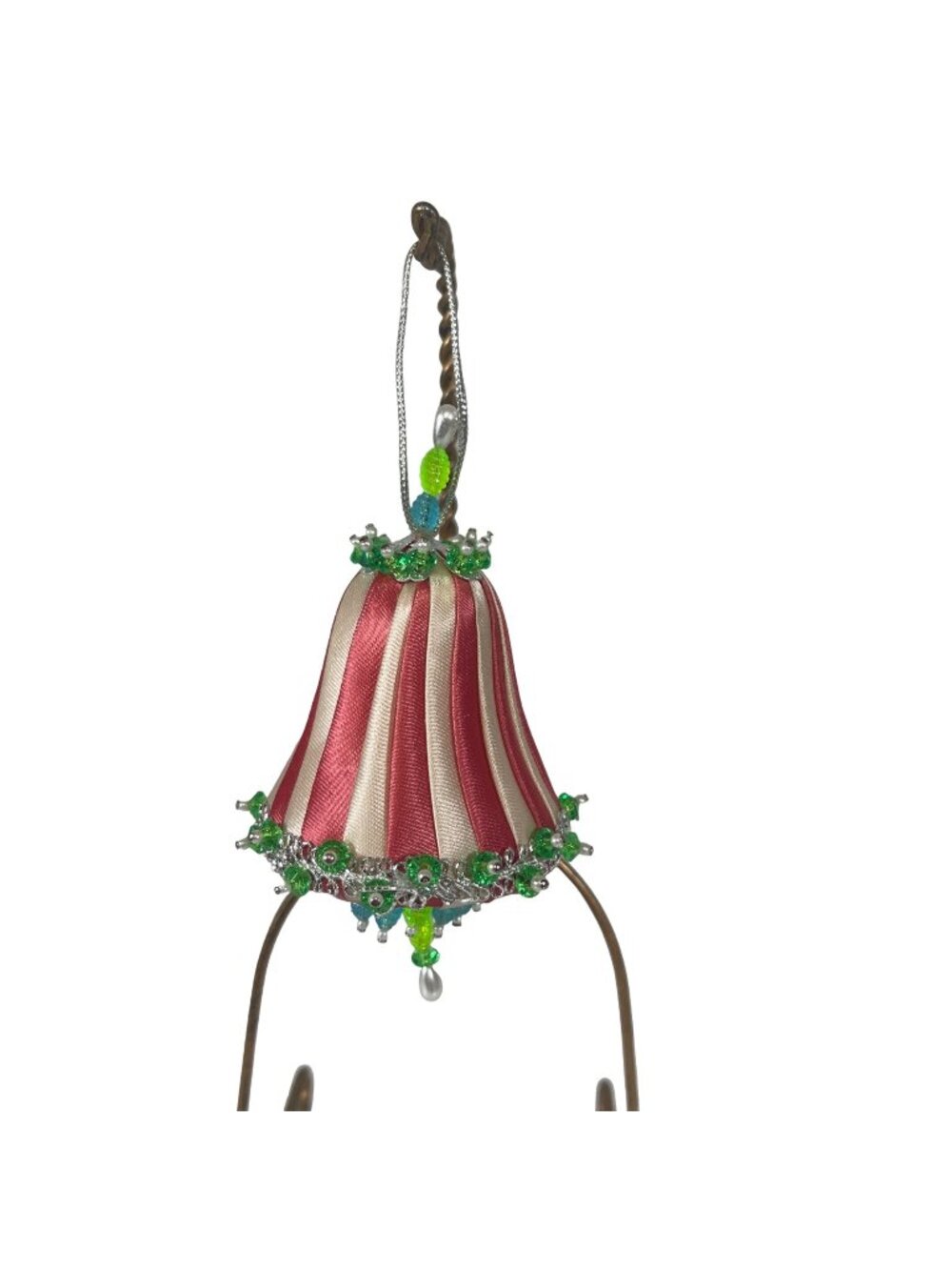Vintage Bell-Shaped Christmas Ornament With Beads & Striped Fabric Ribbon Handma